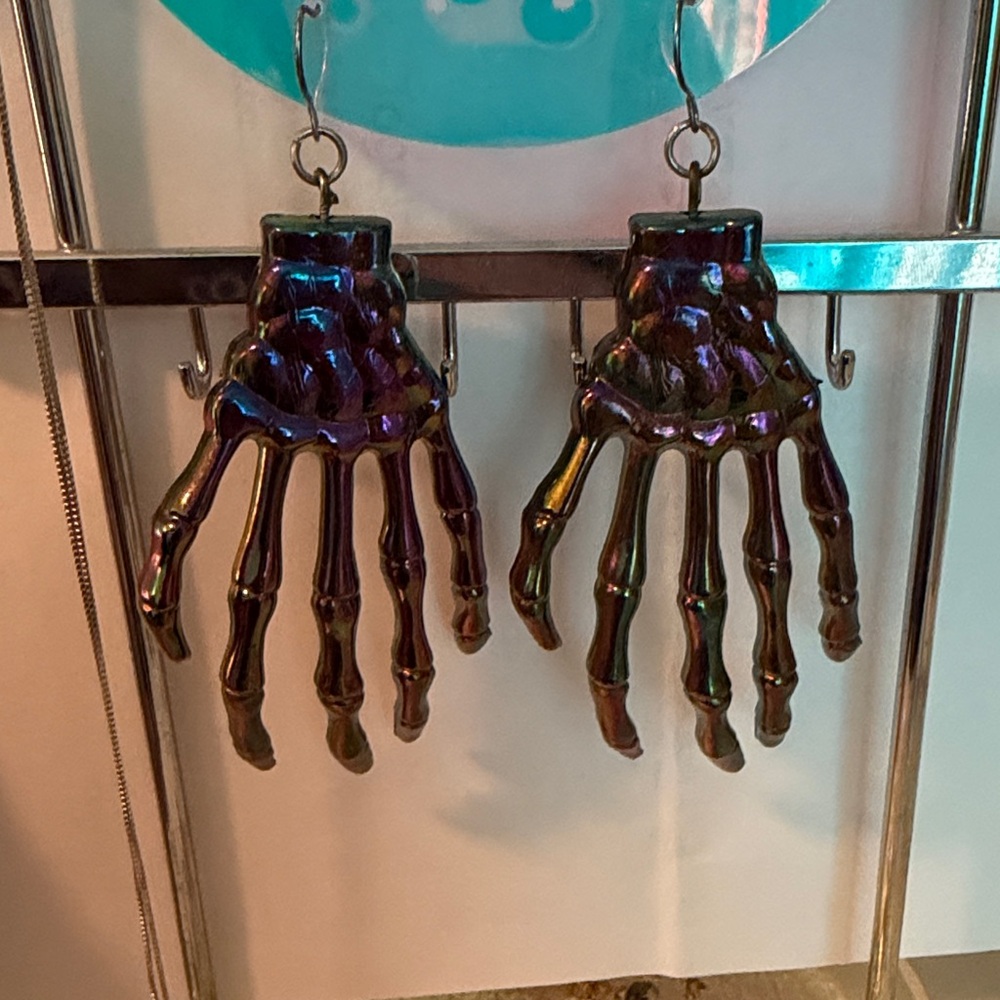 Halloween Iridescent Skeleton Hand Dangle Earrings